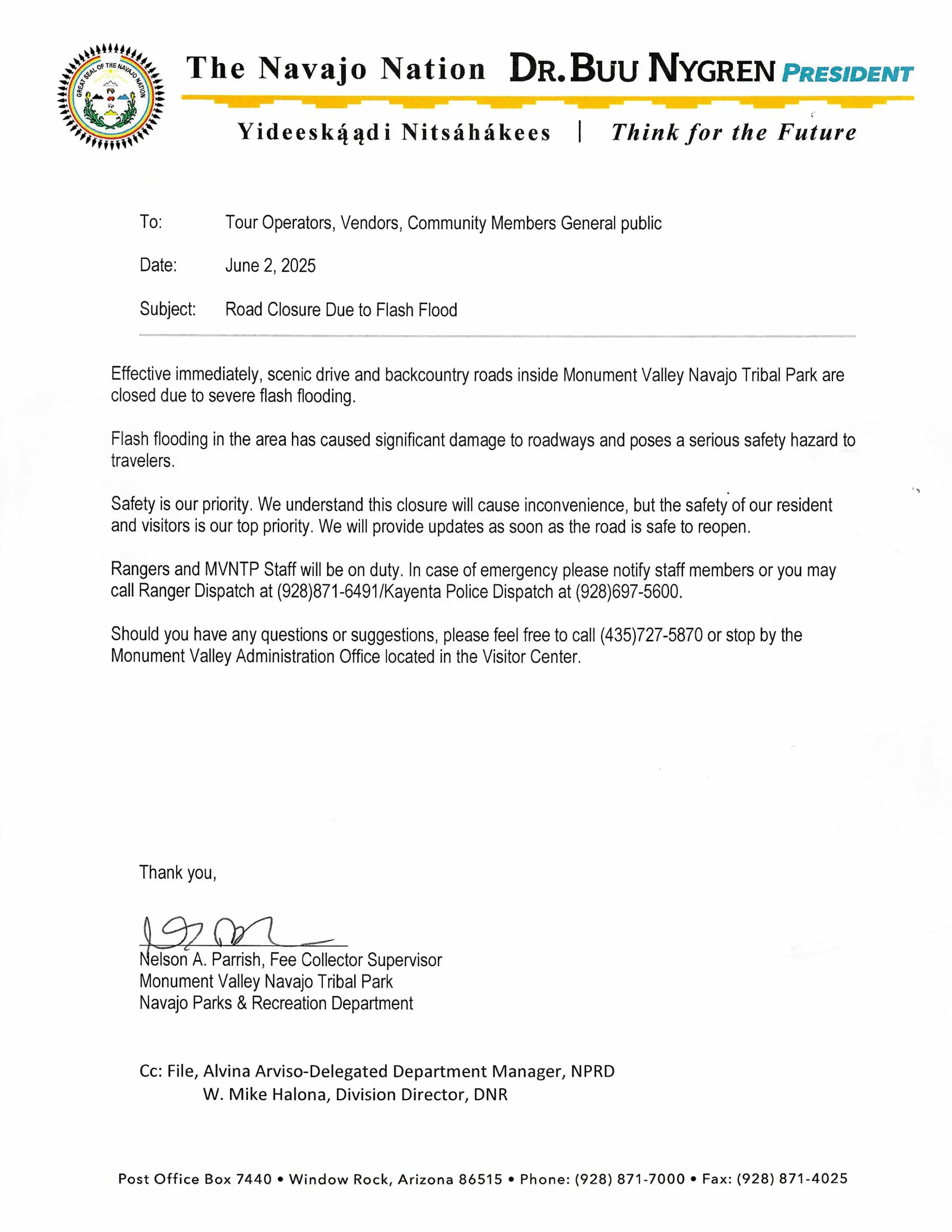 MV Closure 6 2 25 Flash flooding text, letter