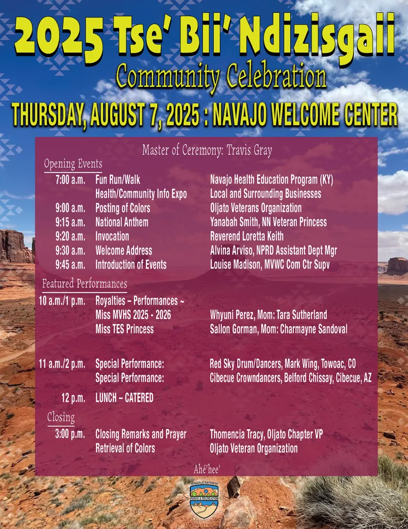 Flyer-Fun Run_Walk (3) Schedule for 2025 Tse' Bii' Ndzisgaii Community Celebration on August 7 at Navajo Welcome Center.