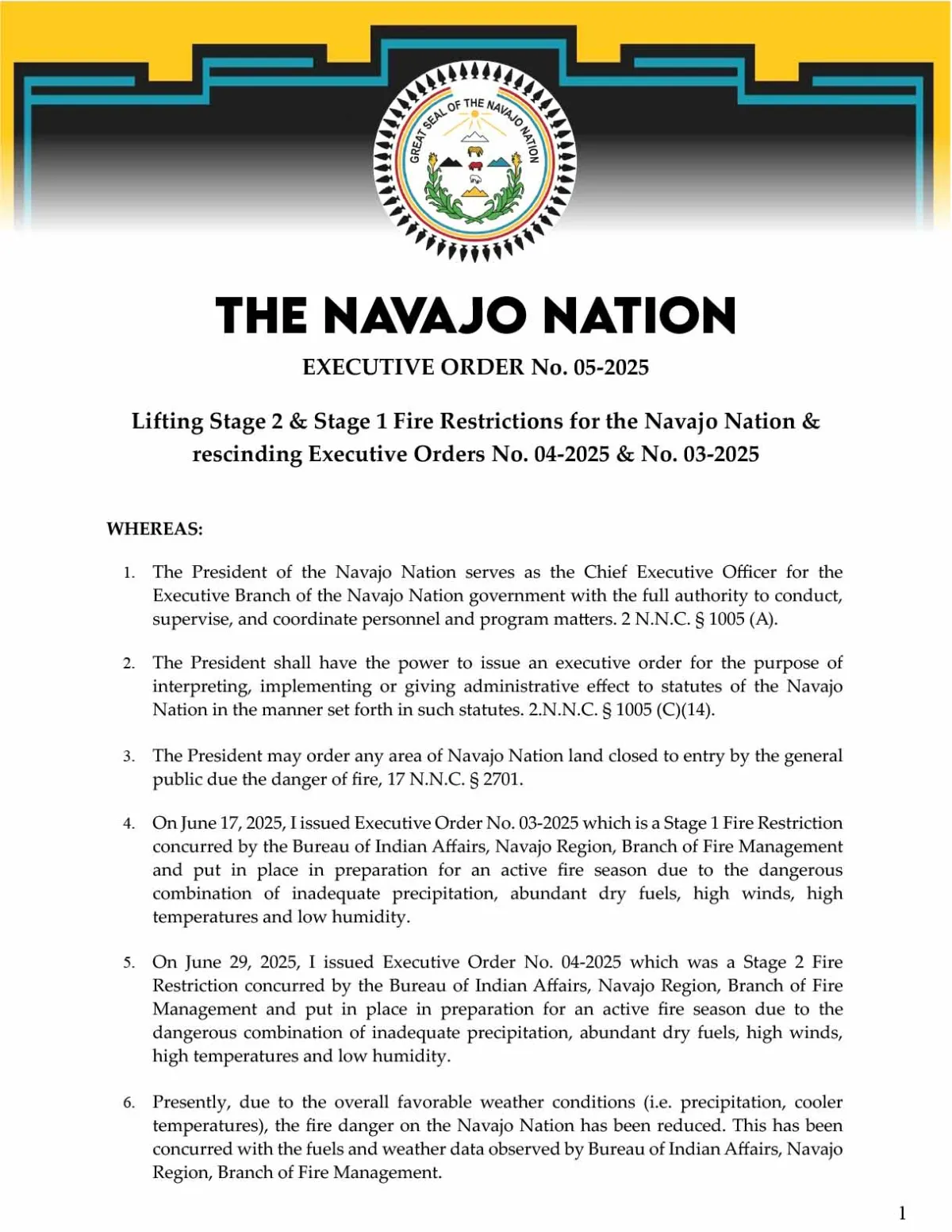 Fire Restriction Lifting-1 Navajo Nation Executive Order lifting fire restrictions, detailing authority and reasoning, with official seal.