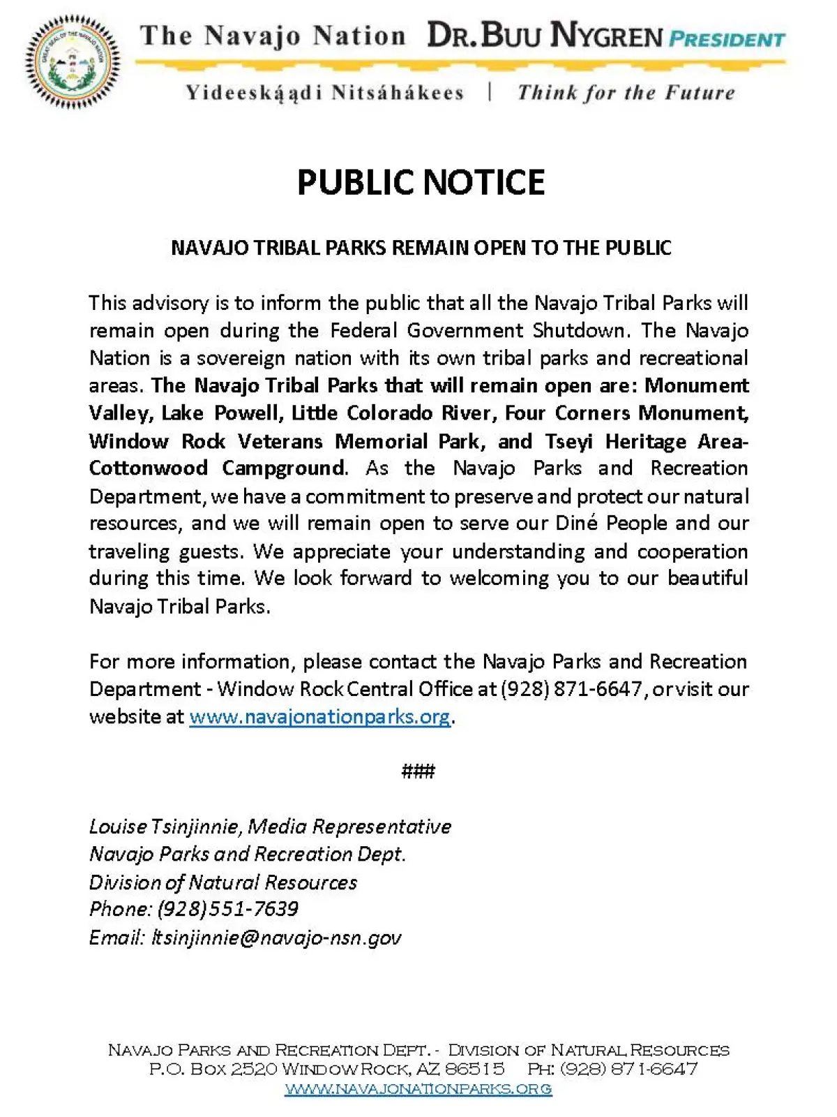 Public notice from Navajo Nation stating tribal parks remain open during federal shutdown.