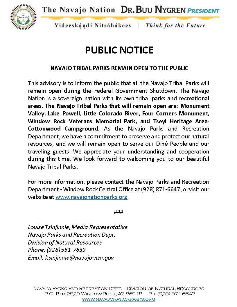 Public notice from Navajo Nation stating tribal parks remain open during federal shutdown.