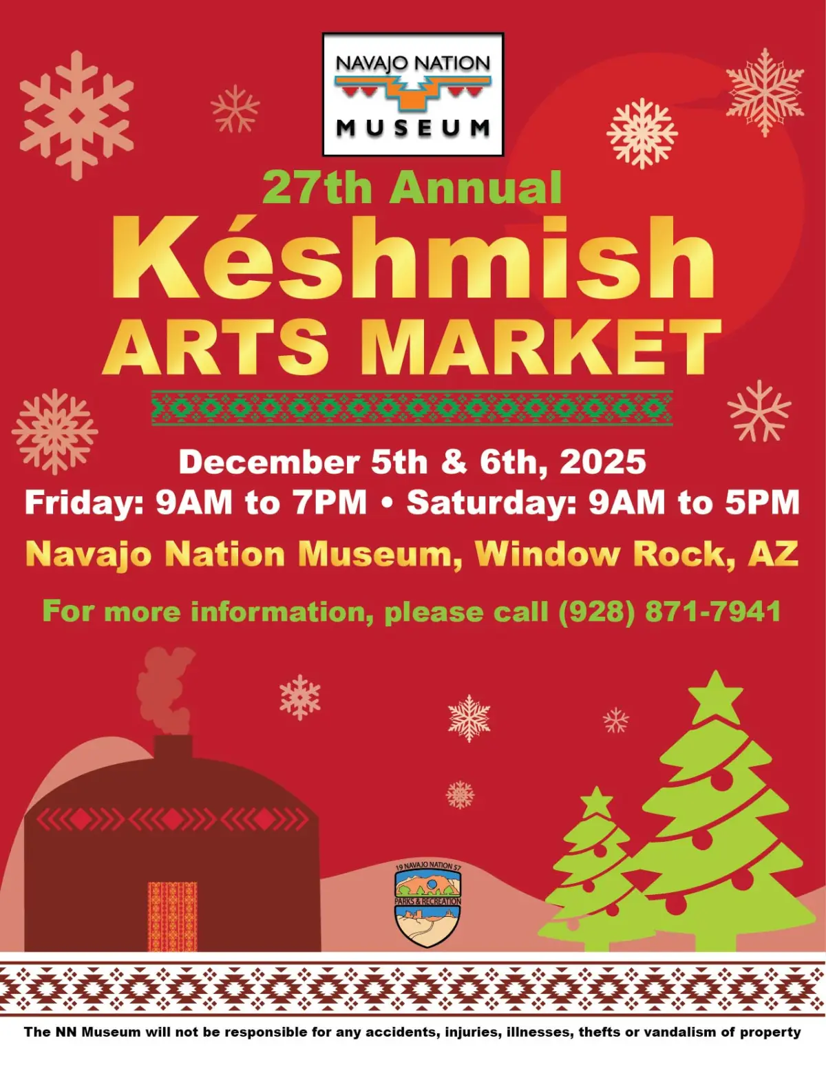 Flyer for the 27th Annual Késhmish Arts Market at Navajo Nation Museum, Dec 5-6, 2025, with holiday theme.