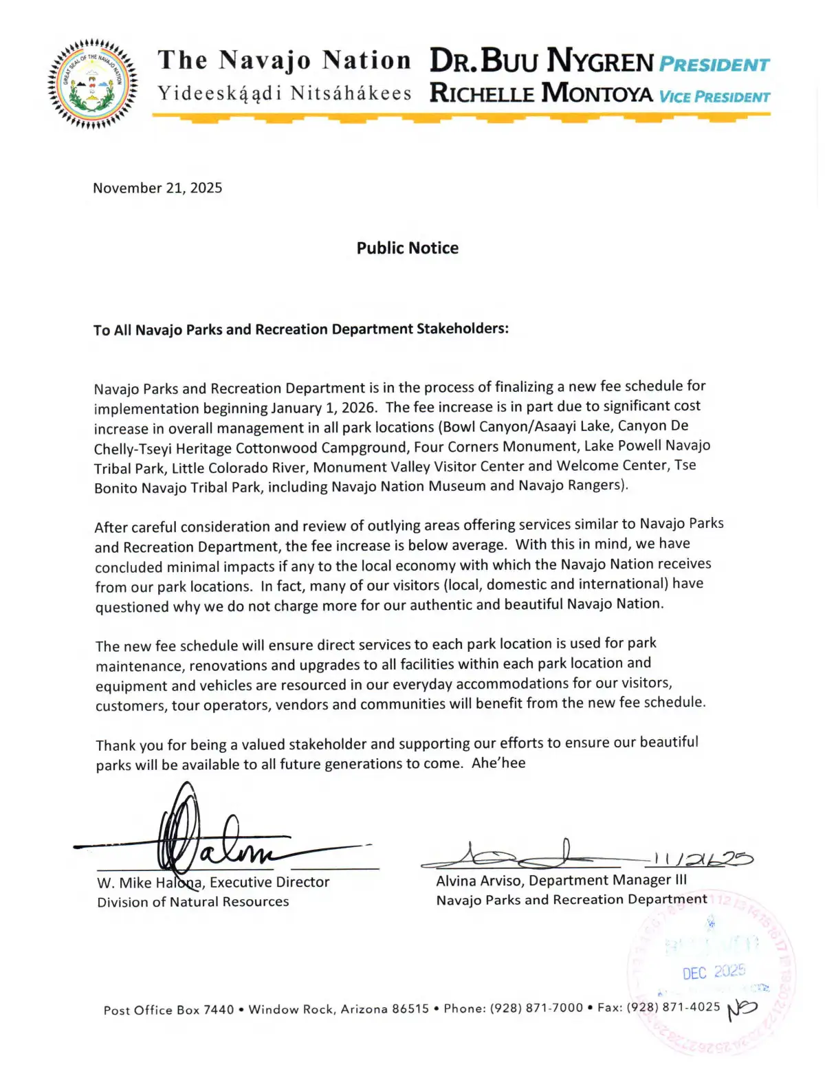 Public notice from Navajo Nation about new park fee schedule starting January 2026, signed by officials.