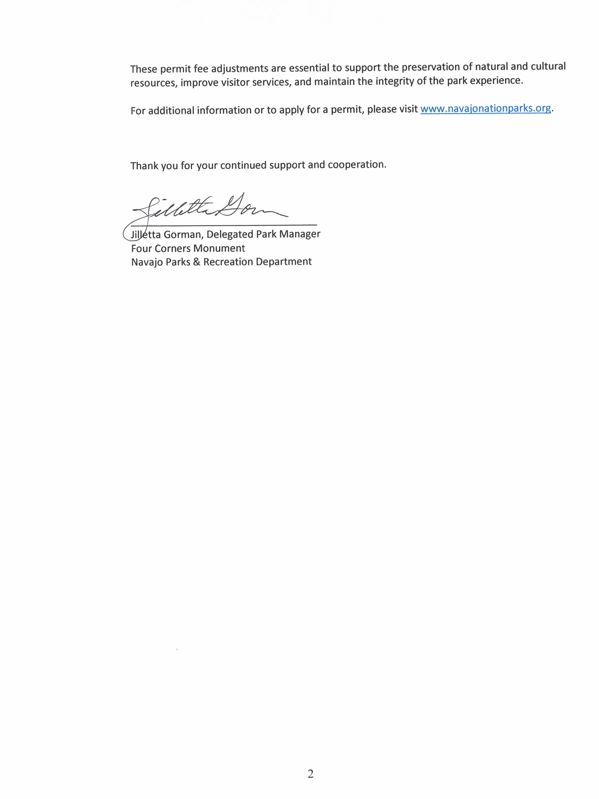 Letter discussing permit fee adjustments signed by park manager from Navajo Parks & Recreation.