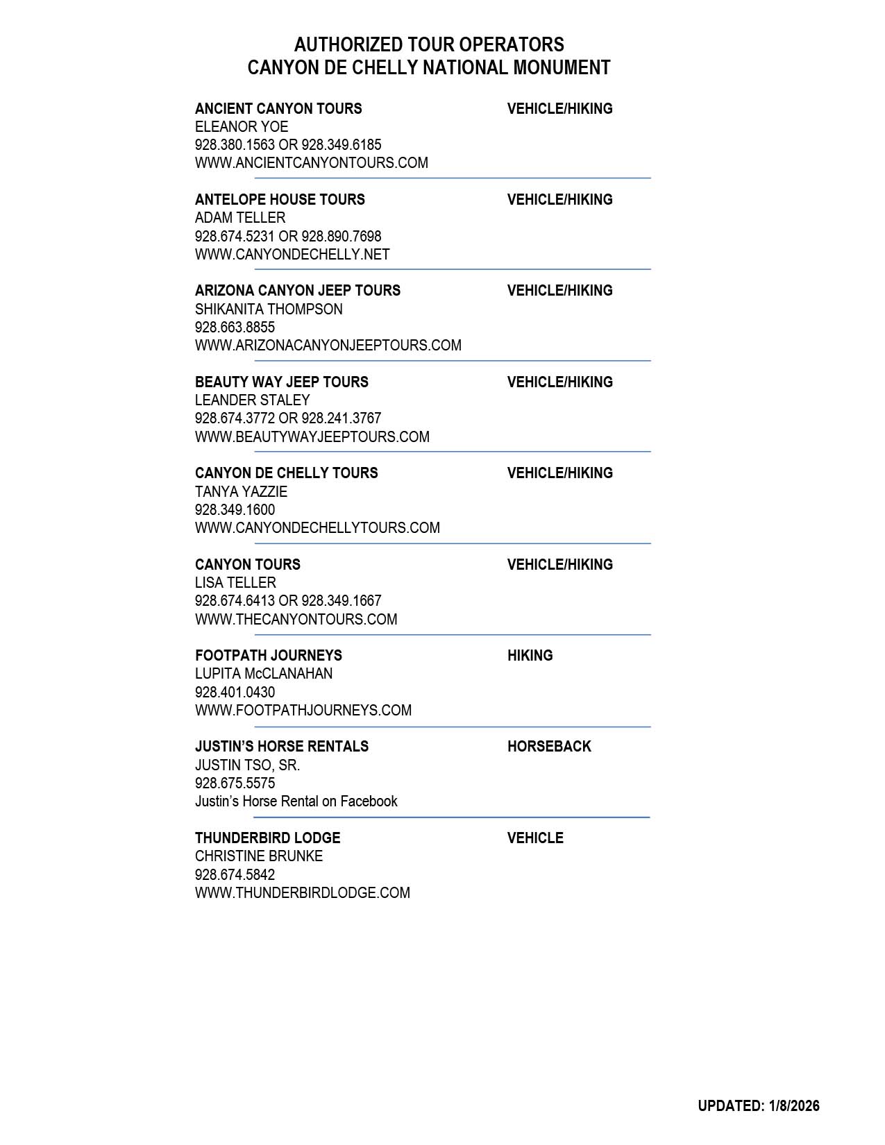 List of authorized Canyon de Chelly tour operators with contact details and types, updated 1/8/2026.