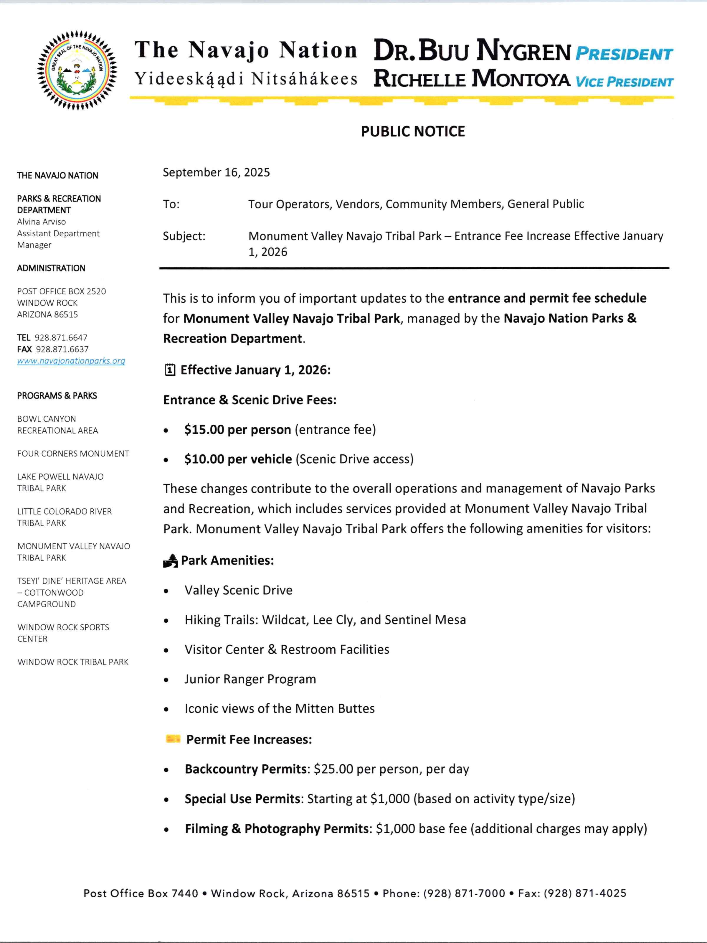Public notice about Monument Valley Navajo Tribal Park fee increase effective January 1, 2026.