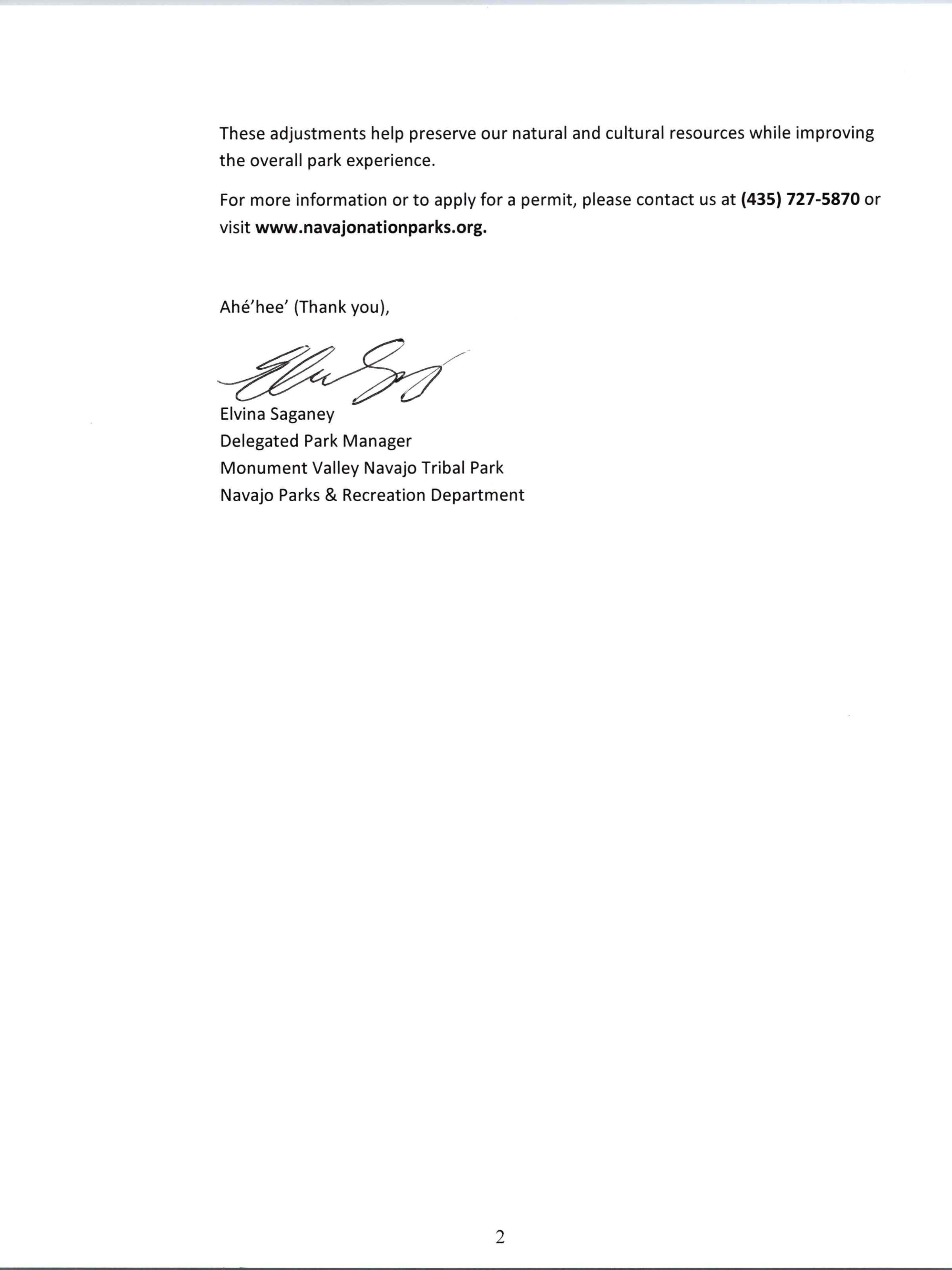 Page with contact info for Navajo Nation Parks and signature of Elvina Saganey.