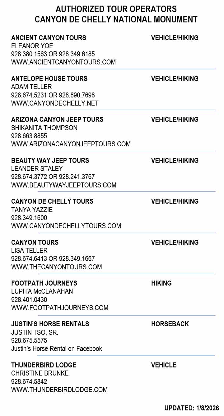 List of authorized tour operators for Canyon de Chelly, including contact info and tour types like vehicle and hiking.