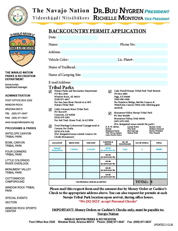 Navajo Nation backcountry permit application form with contact details and permit options.