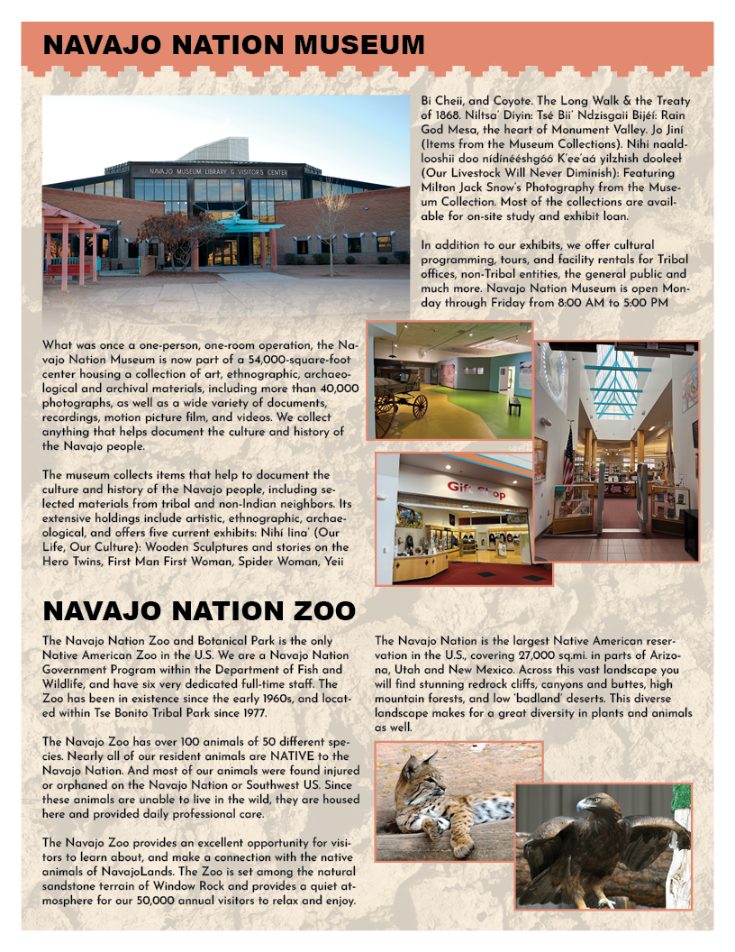 Navajo Nation Museum flyer with images of the museum and zoo, including a bobcat and an eagle.