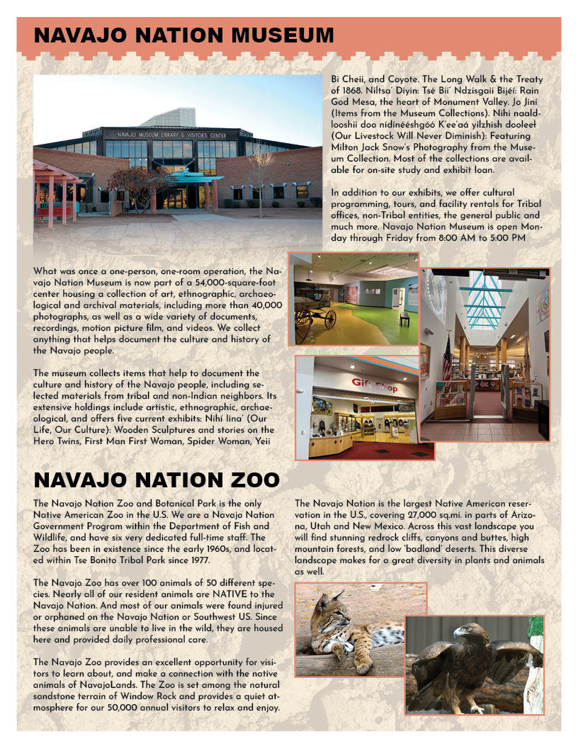 Navajo Nation Museum flyer with images of the museum and zoo, including a bobcat and an eagle.