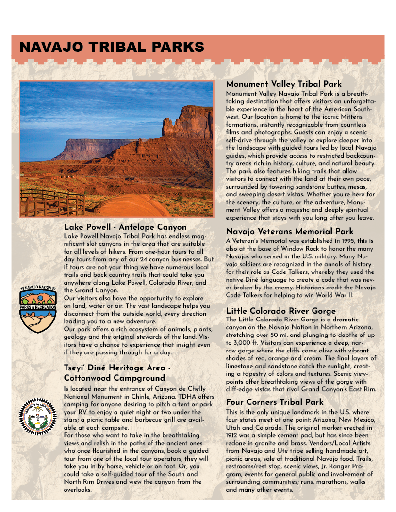 Brochure for Navajo Tribal Parks featuring a canyon image and park descriptions.