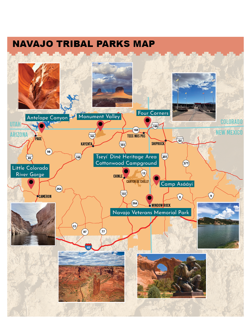 Map highlighting Navajo Tribal Parks with labeled landmarks and scenic photos.