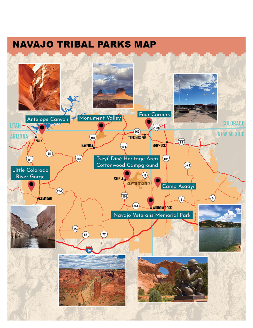 Map highlighting Navajo Tribal Parks with labeled landmarks and scenic photos.