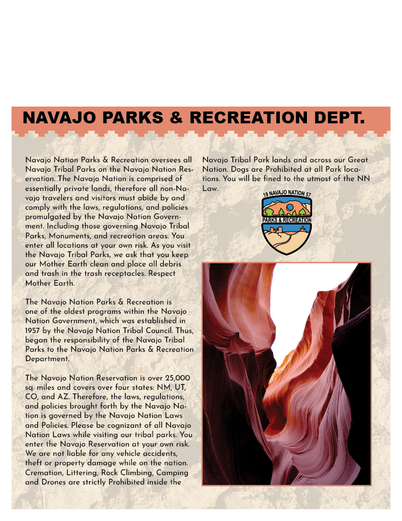 Navajo Parks & Recreation Dept. poster with text, logo, and canyon image.