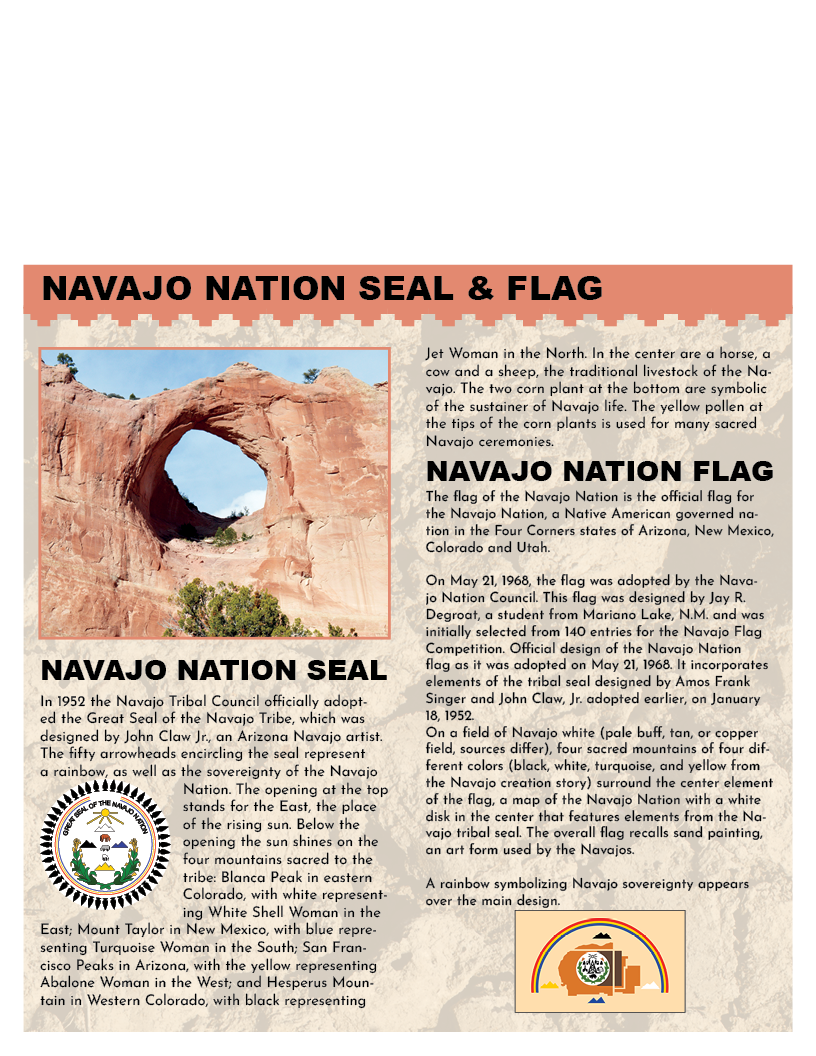 Informational poster about Navajo Nation seal and flag with seal image and text description.