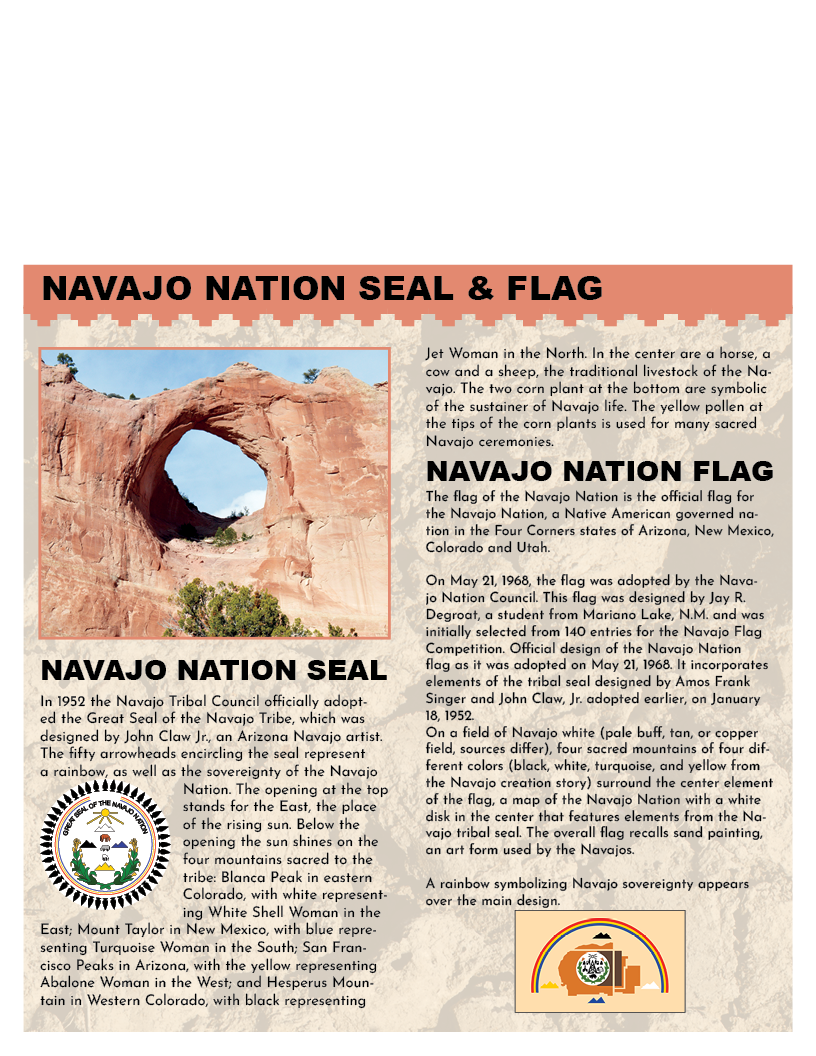 Informational poster about Navajo Nation seal and flag with seal image and text description.