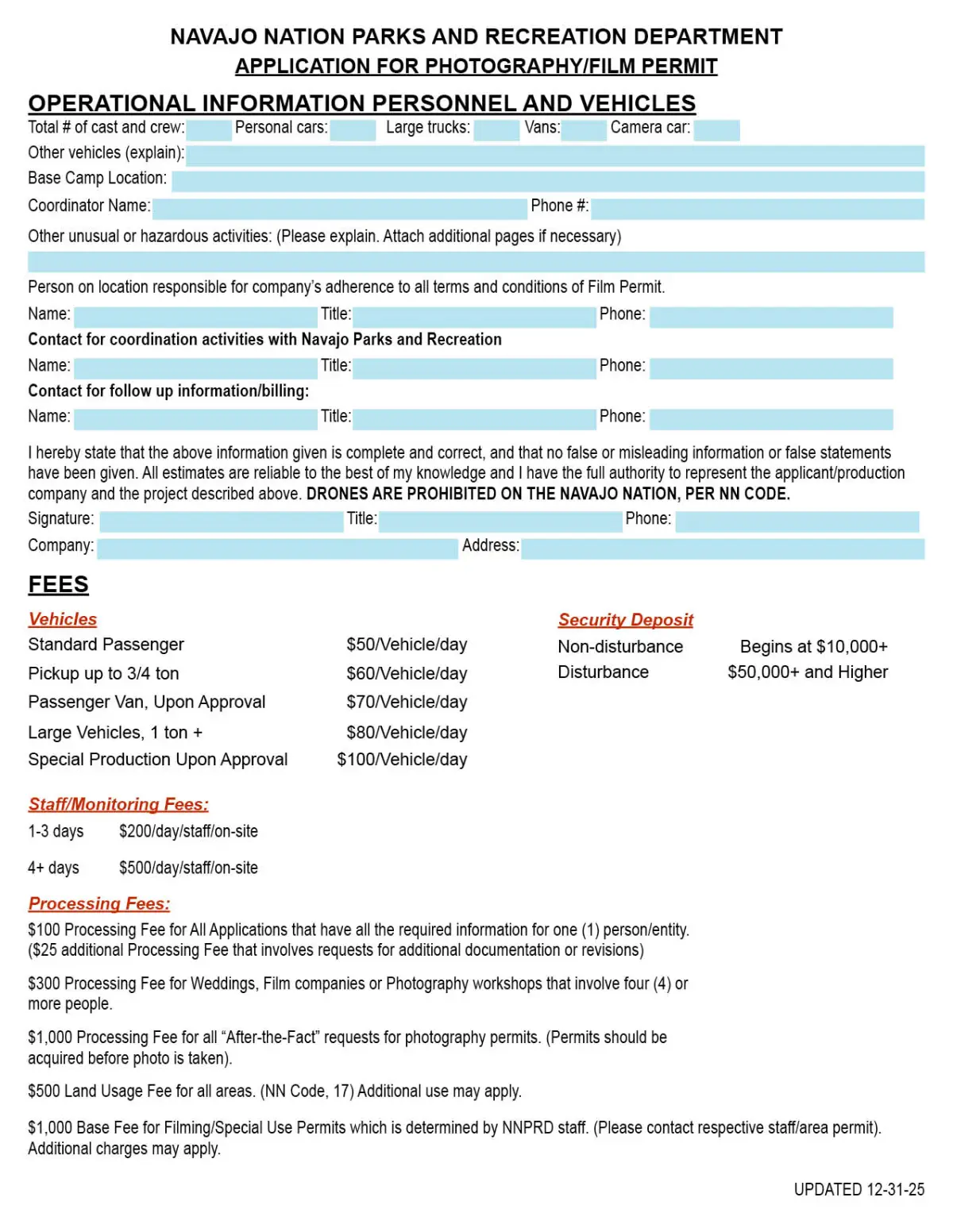 Navajo Nation Parks permit form for photography/film with fees, vehicle info, and contact details.