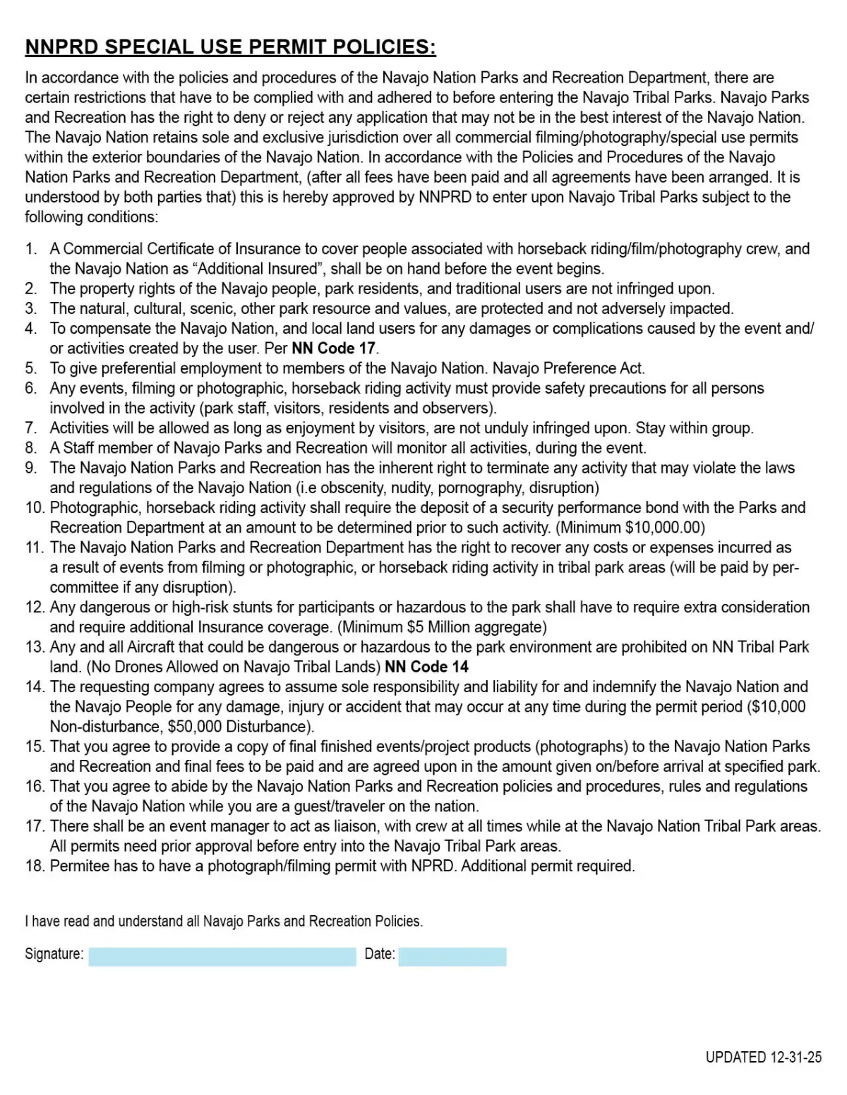 Navajo Nation Parks Special Use Permit Policies document with rules and requirements for permits.