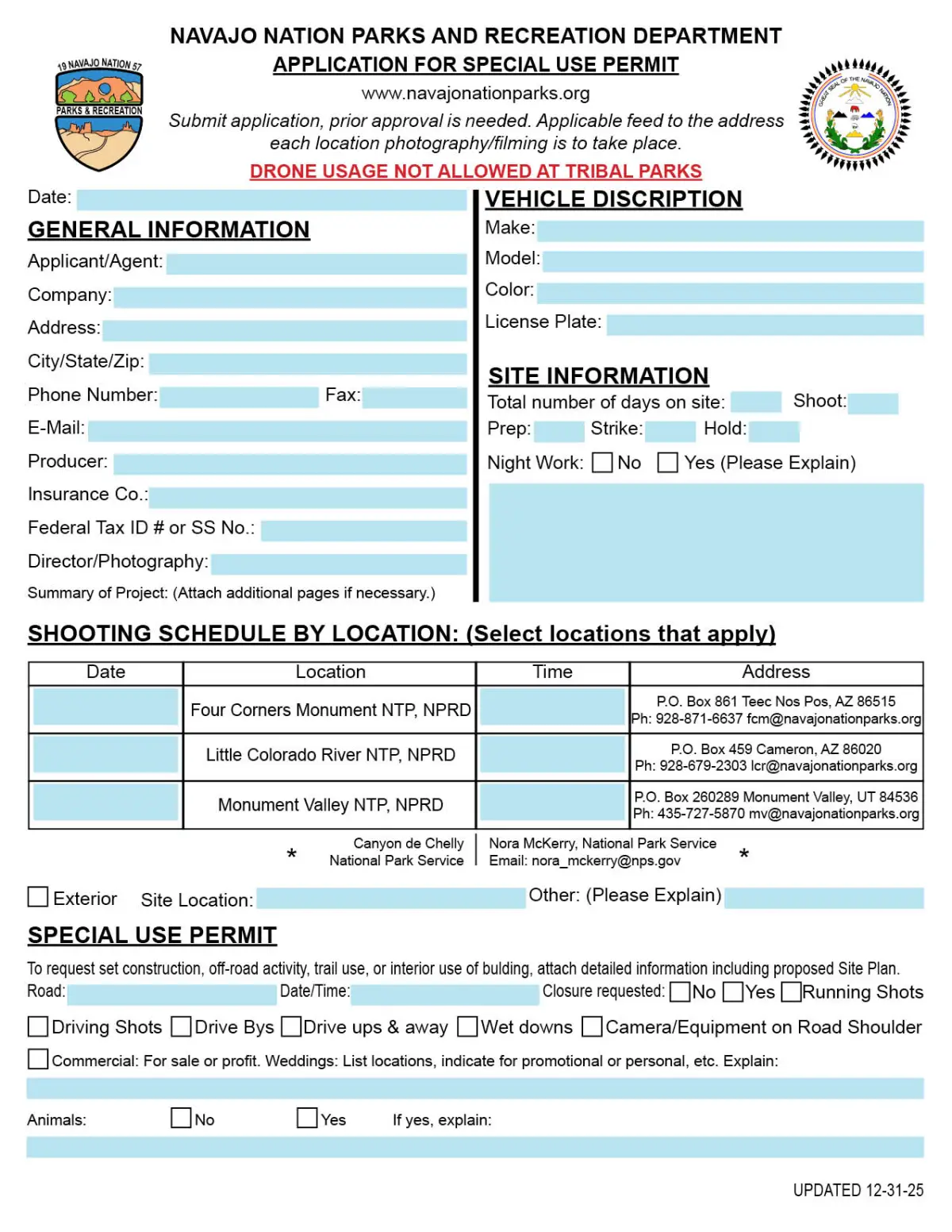 Navajo Nation Parks special use permit form with fields for applicant info, vehicle, site, schedule, and permit details.