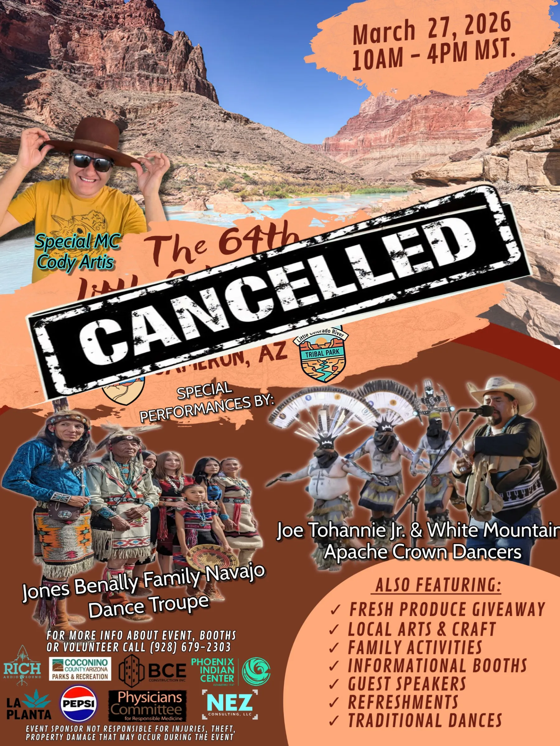 Event poster for the 64th Annual Spring Festival, marked cancelled, with performers and activities listed.