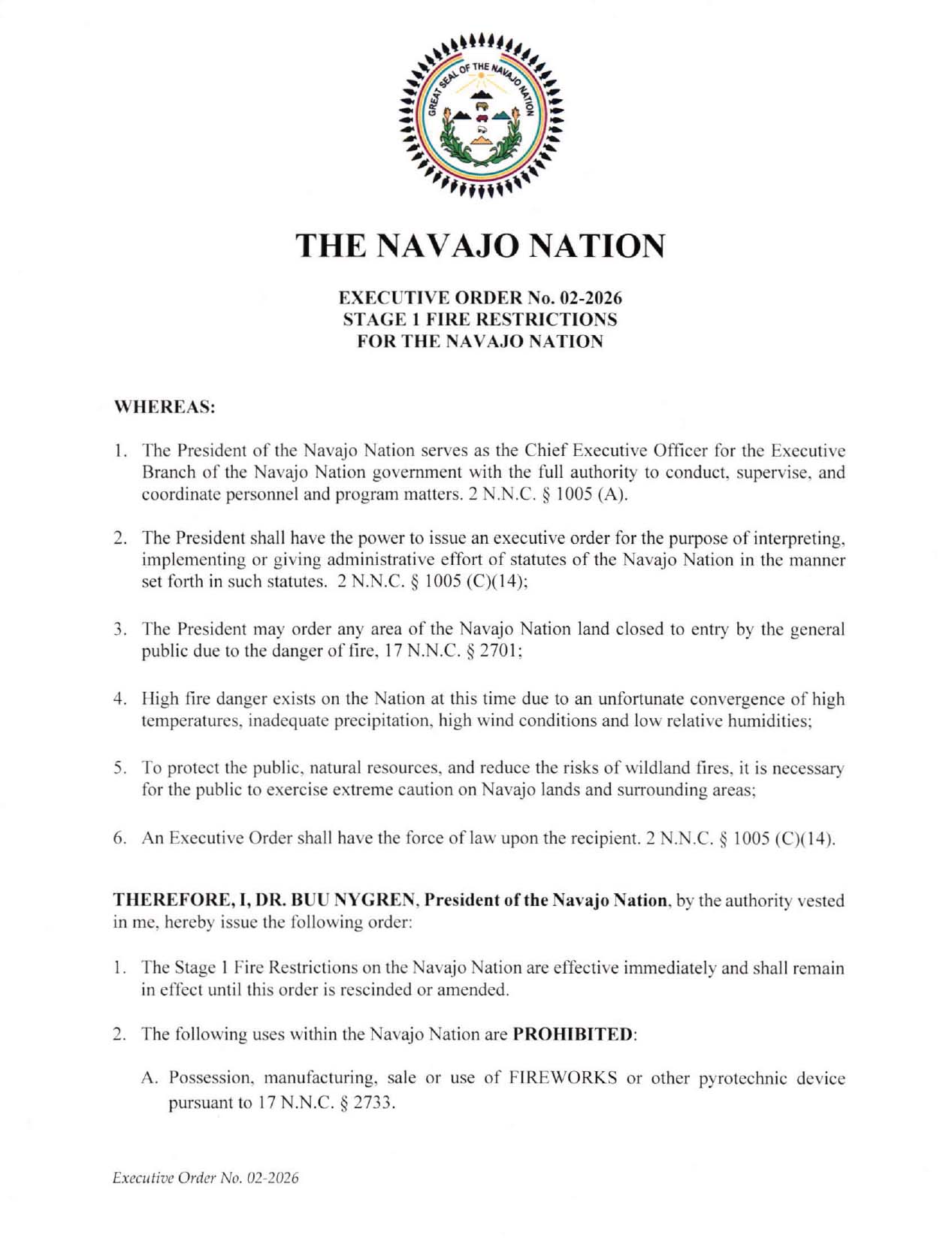 Navajo Nation Executive Order 02-2023 on fire restrictions, detailing guidelines and prohibitions.