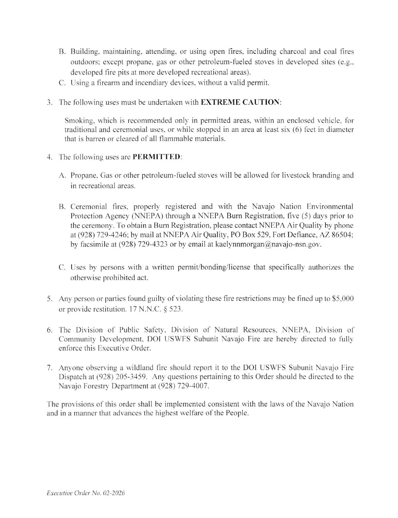 Partial text of an executive order with sections on fire restrictions and exemptions.