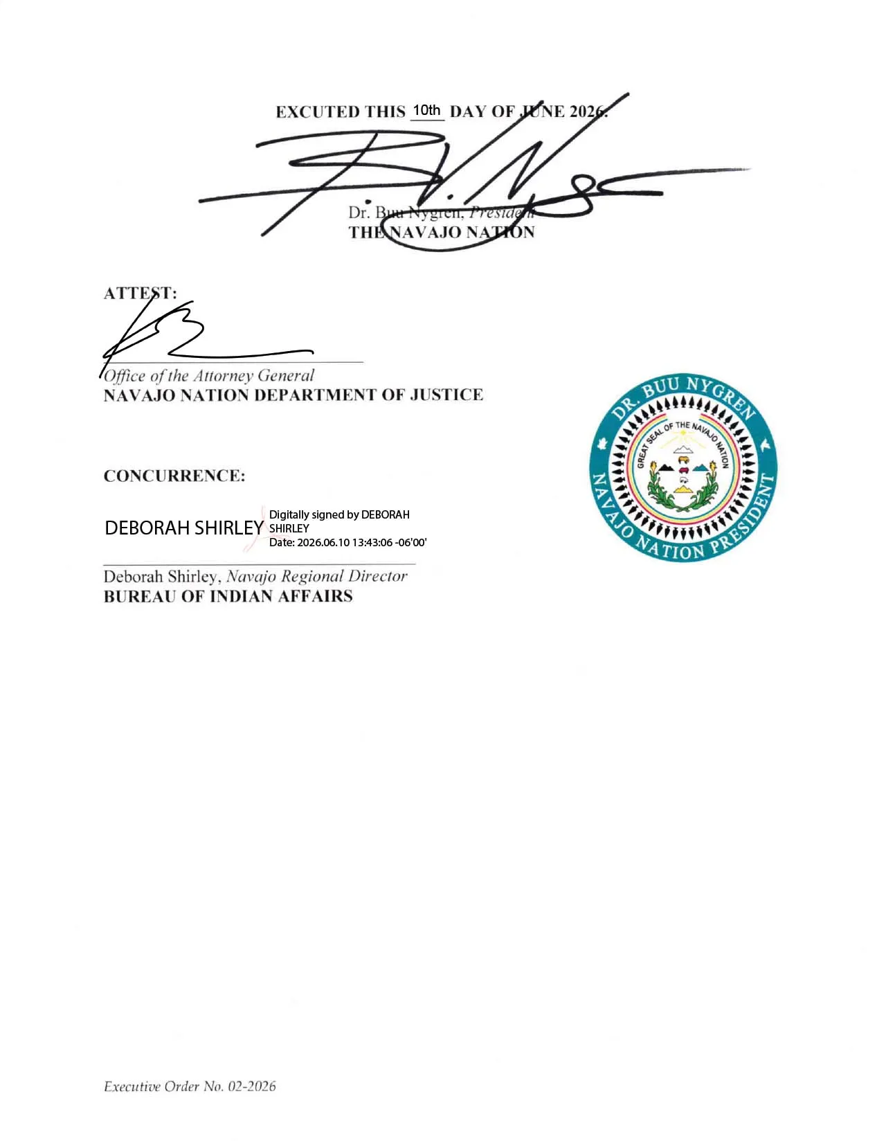 Signed document from Navajo Nation Department of Justice with official seal and signatures.