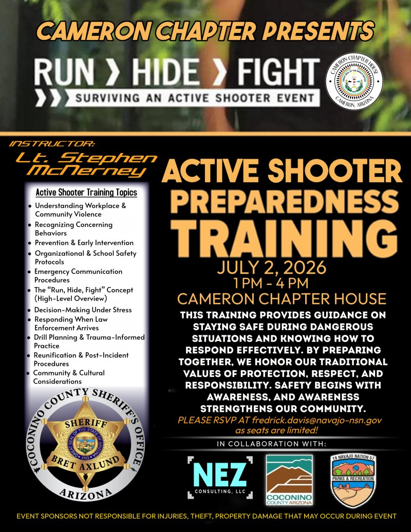 Flyer for Active Shooter Preparedness Training on July 2, 2026, includes topics and contact info.