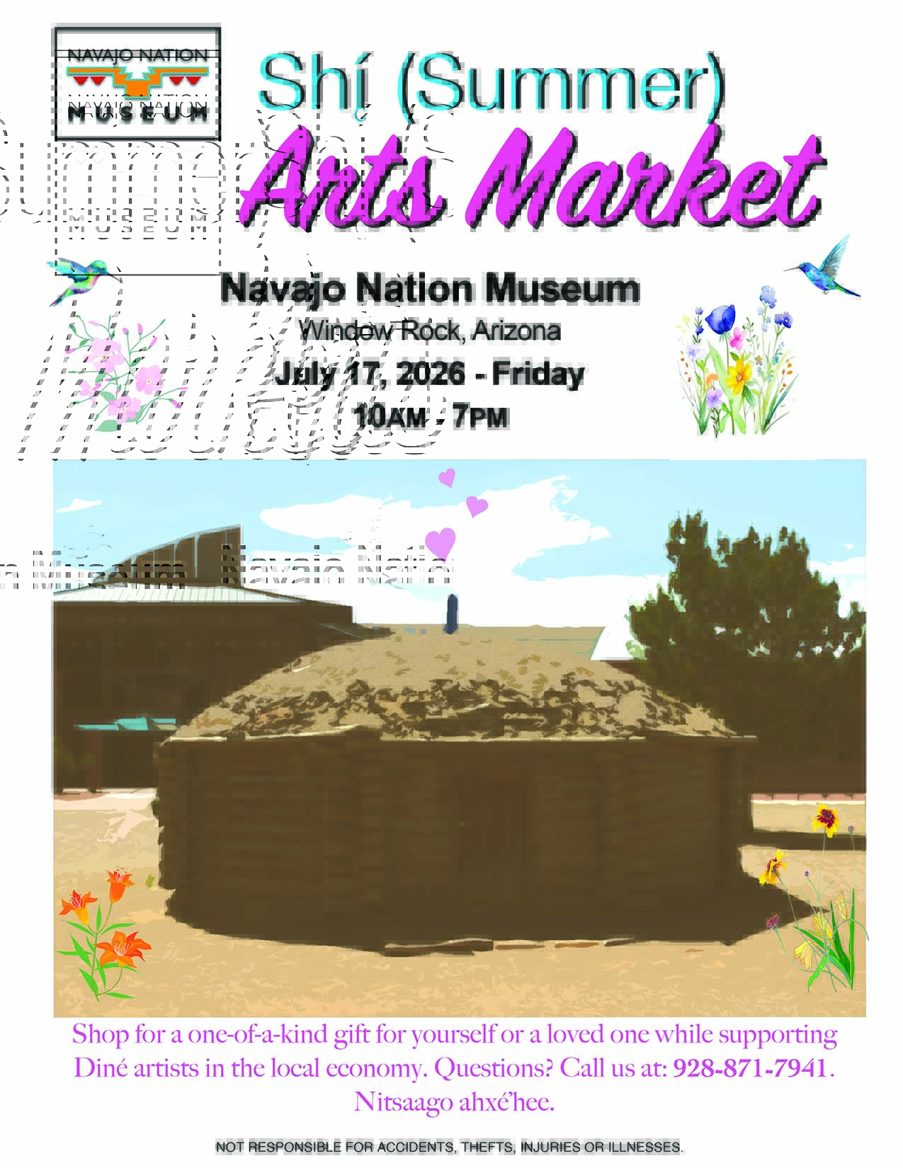 Flyer for the Shí Summer Arts Market at Navajo Nation Museum, July 17, 2026, with an image of a Navajo hogan.