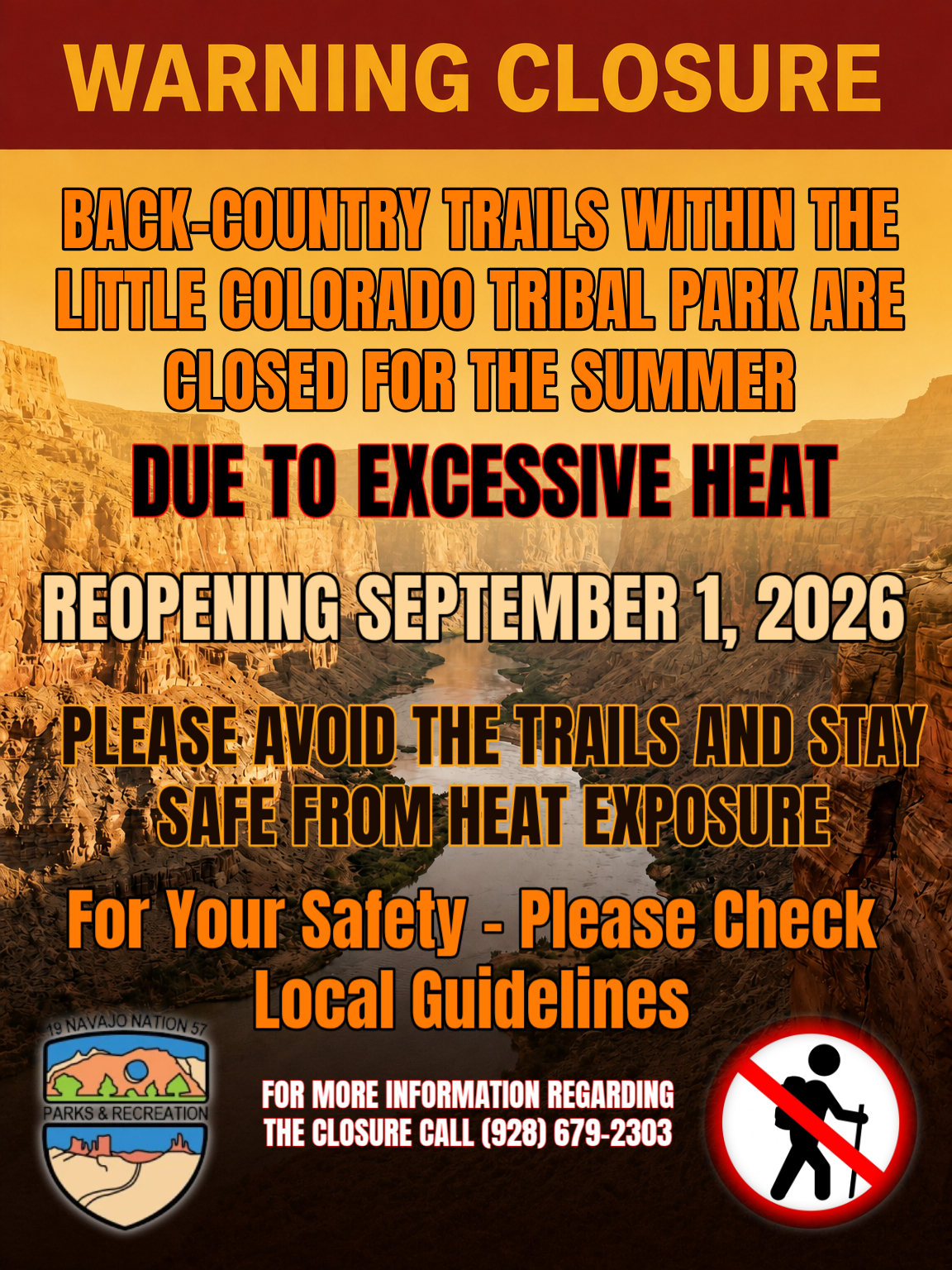 Closure notice for park trails due to heat, reopening September 1, 2026.