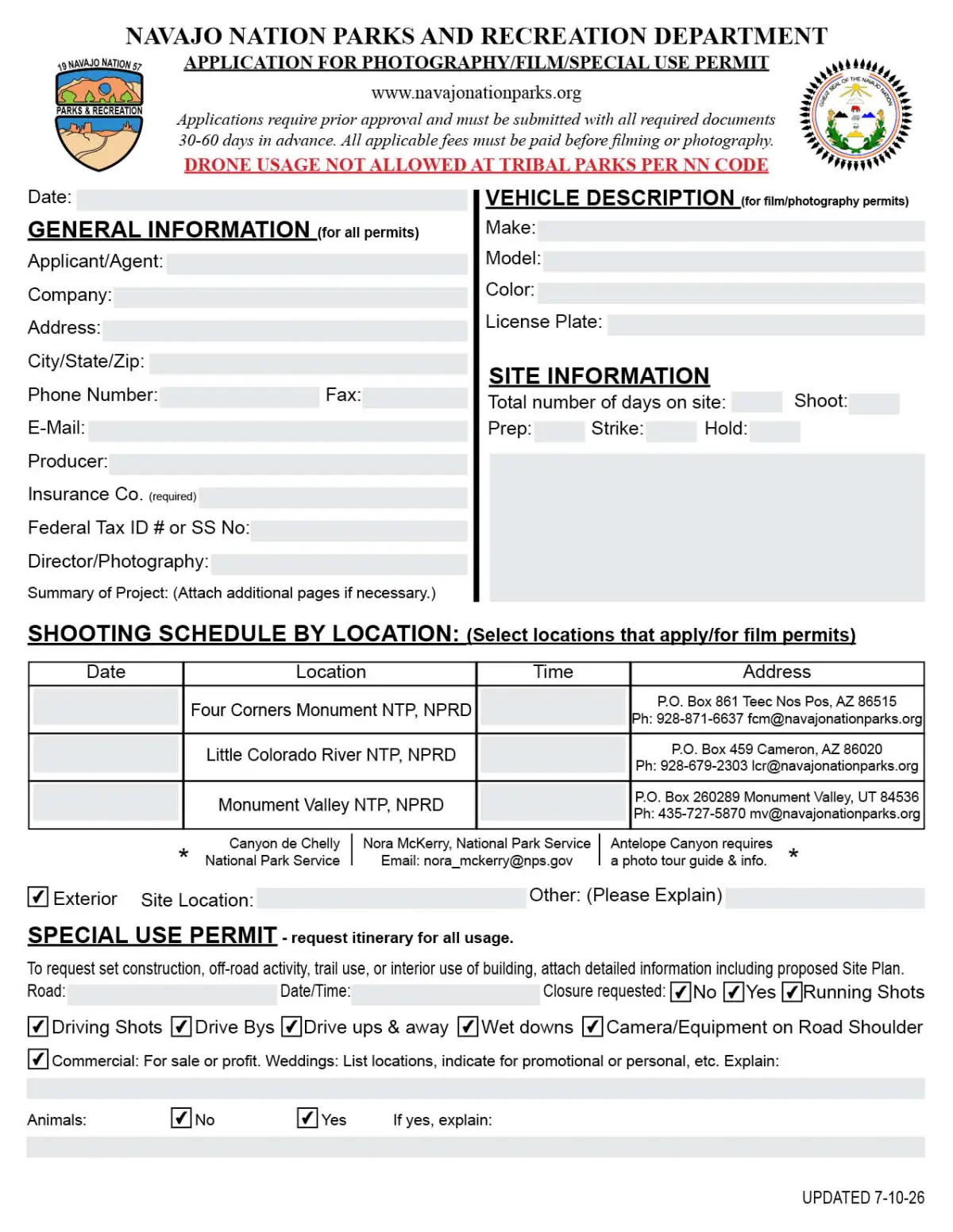 A permit application form for photography or film use in Navajo Nation parks.