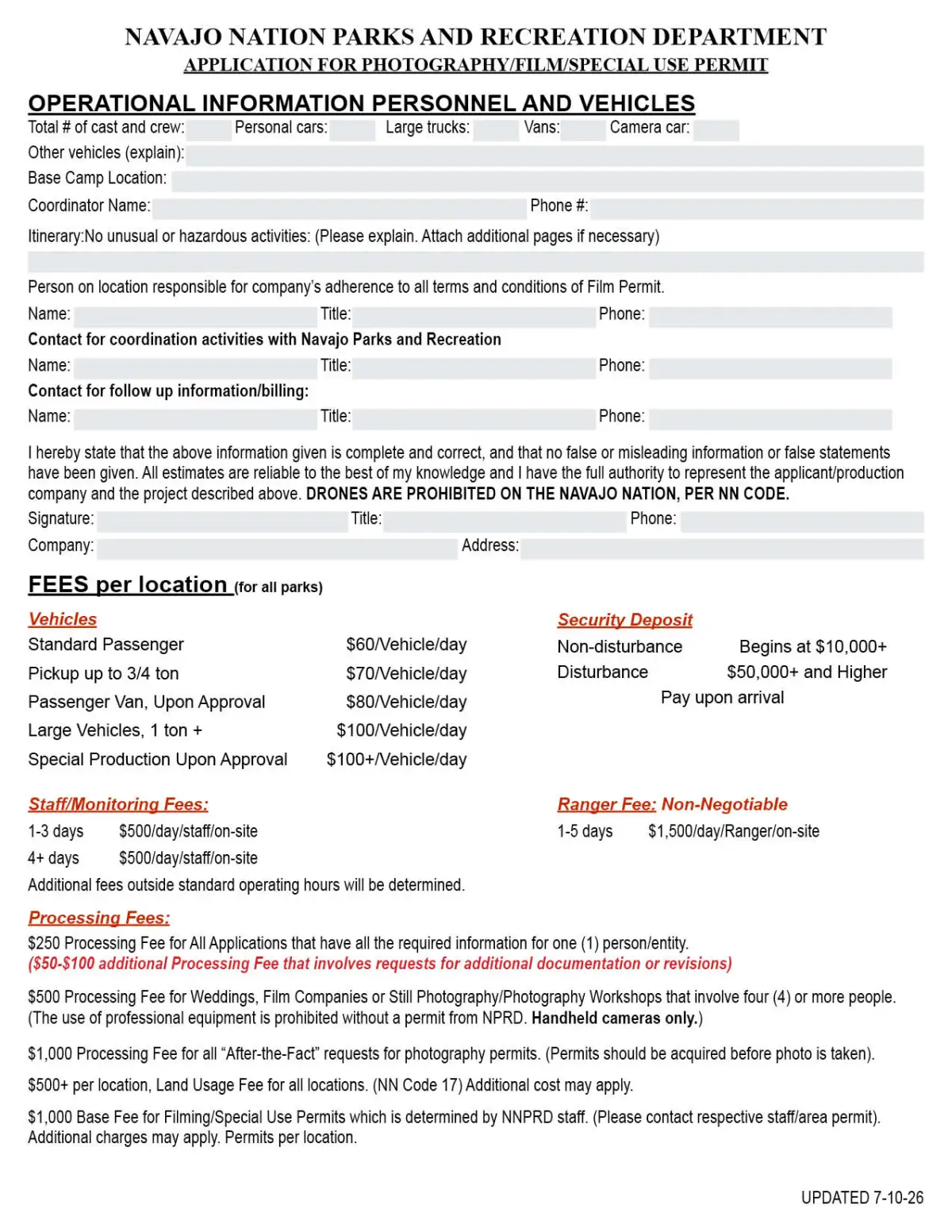 Application for special use permit from Navajo Nation Parks with fees and regulations listed.