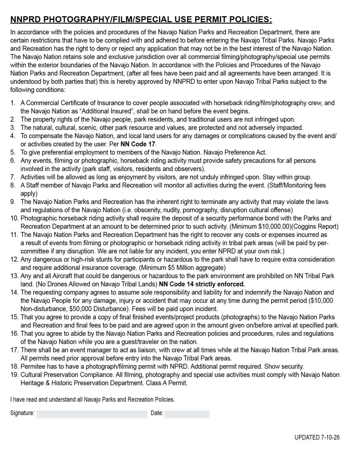 NNPRD photography policies document with rules and regulations in text format.