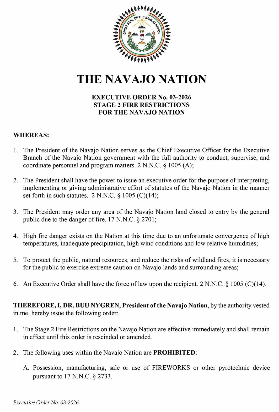 Navajo Nation executive order on Stage 2 fire restrictions with details and signature section.