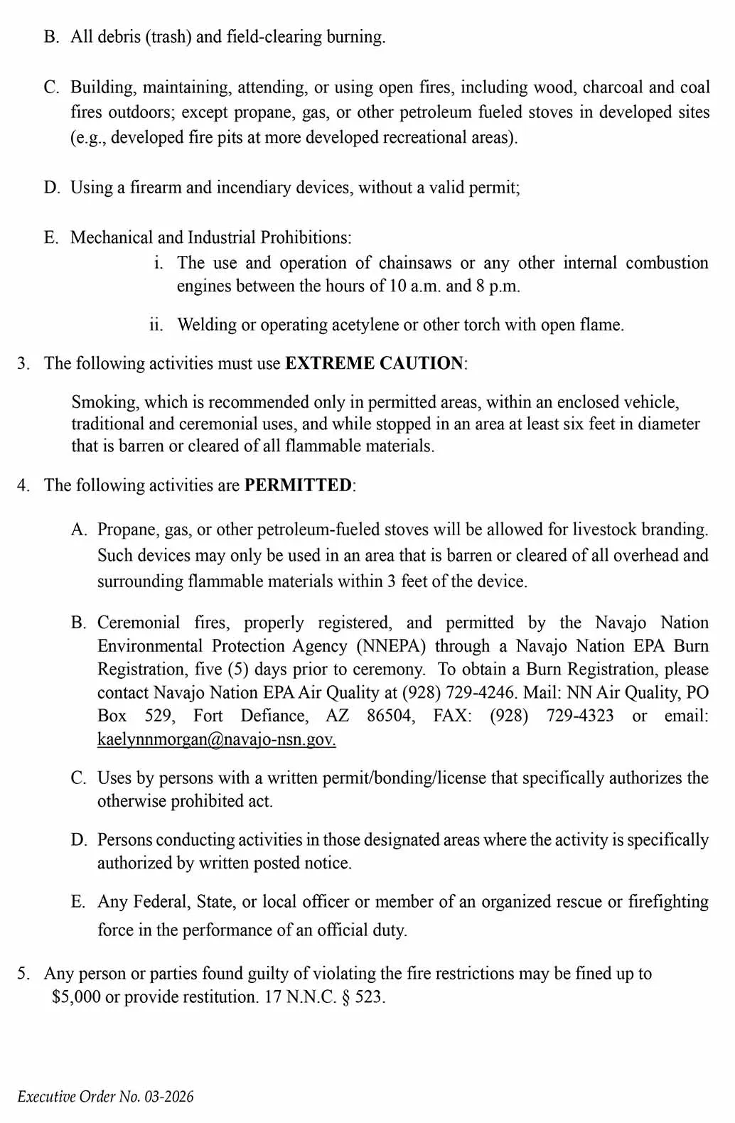 Text of an executive order detailing fire restrictions and conditions.