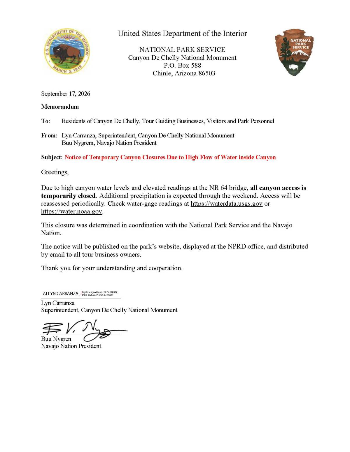 Letter from National Park Service about water rise warning, dated September 17, 2025.