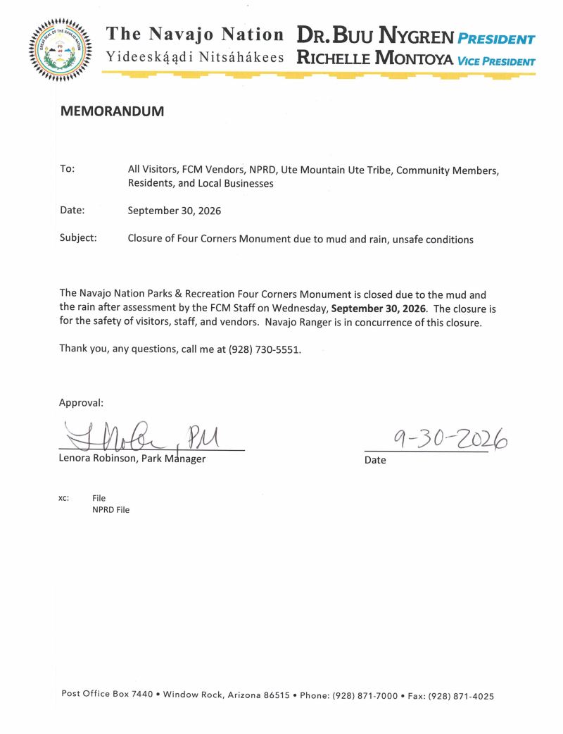Memo from Navajo Nation closing Four Corners Monument on September 30, 2026, due to mud and rain.