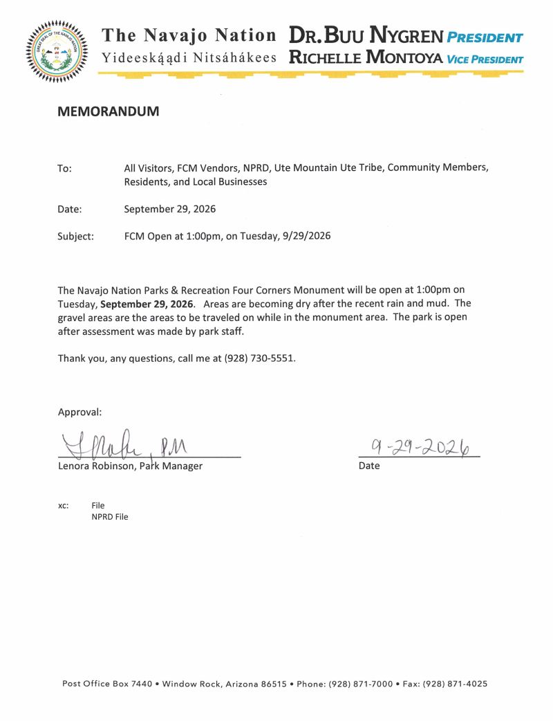 Letterhead memo from Navajo Nation updating park access on 9/29/2026 due to rain and mud.