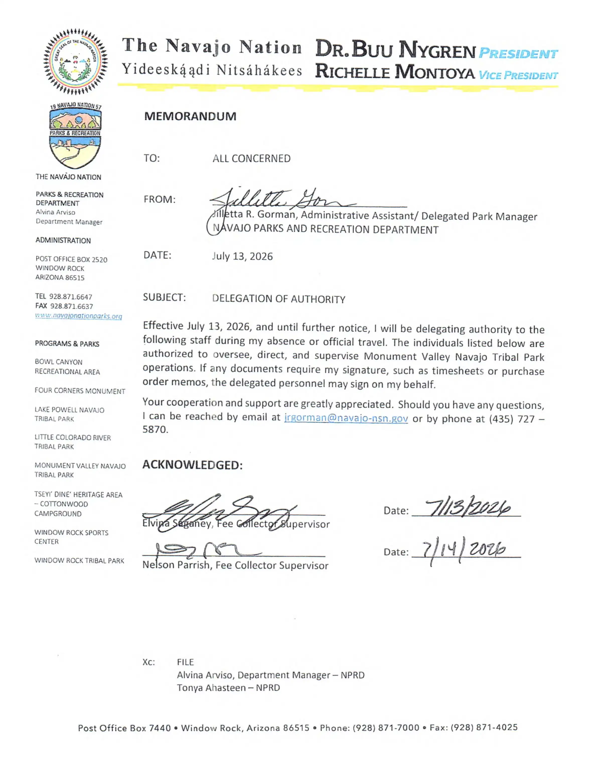 Official memorandum on park management from Navajo Nation, dated July 13, 2026.