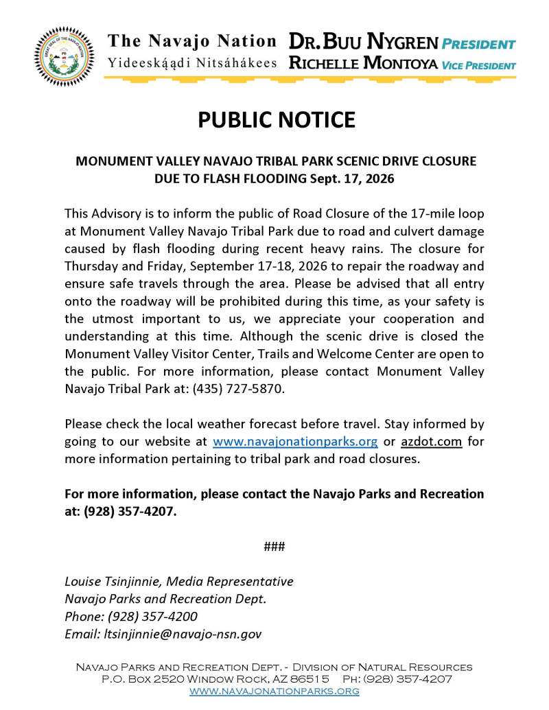Public notice from Navajo Nation about road closure in Monument Valley due to flash flooding on Sept. 17-26.