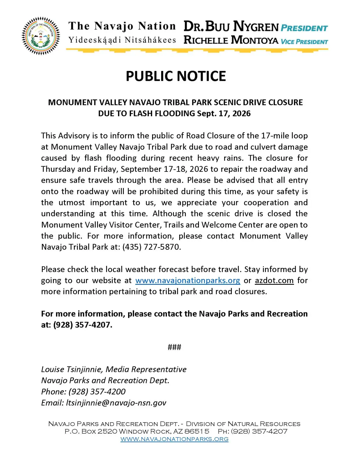 Public notice from Navajo Nation about road closure in Monument Valley due to flash flooding on Sept. 17-26.