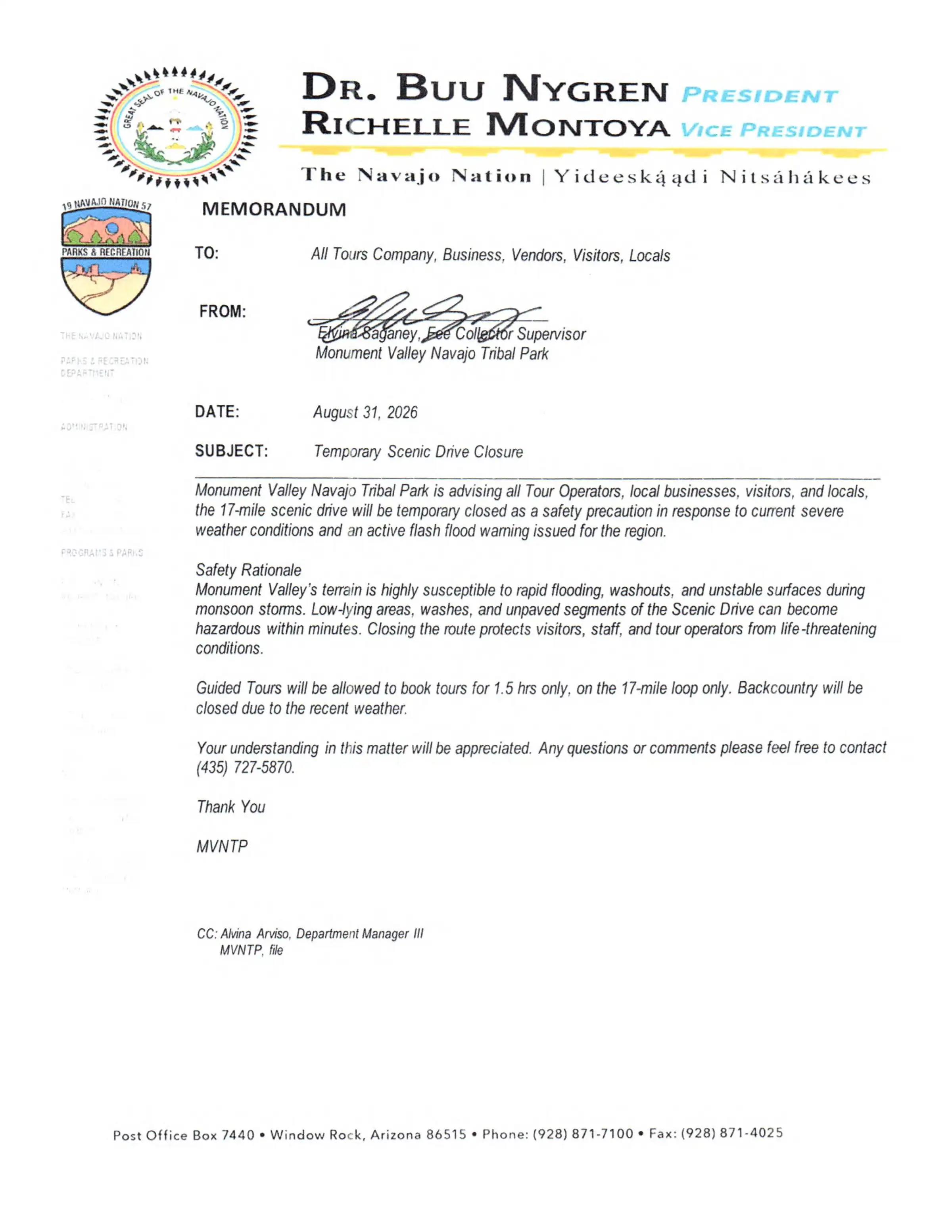 Memorandum on temporary Monument Valley closure with contact details.