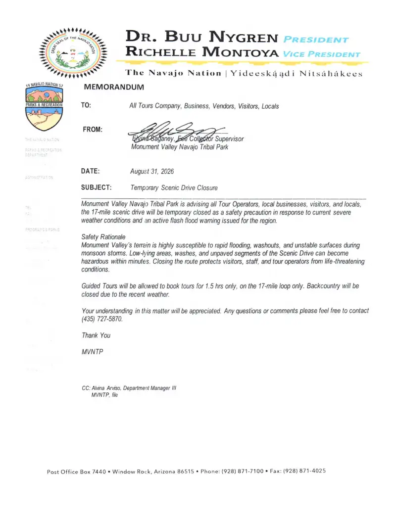 Memorandum on temporary Monument Valley closure with contact details.