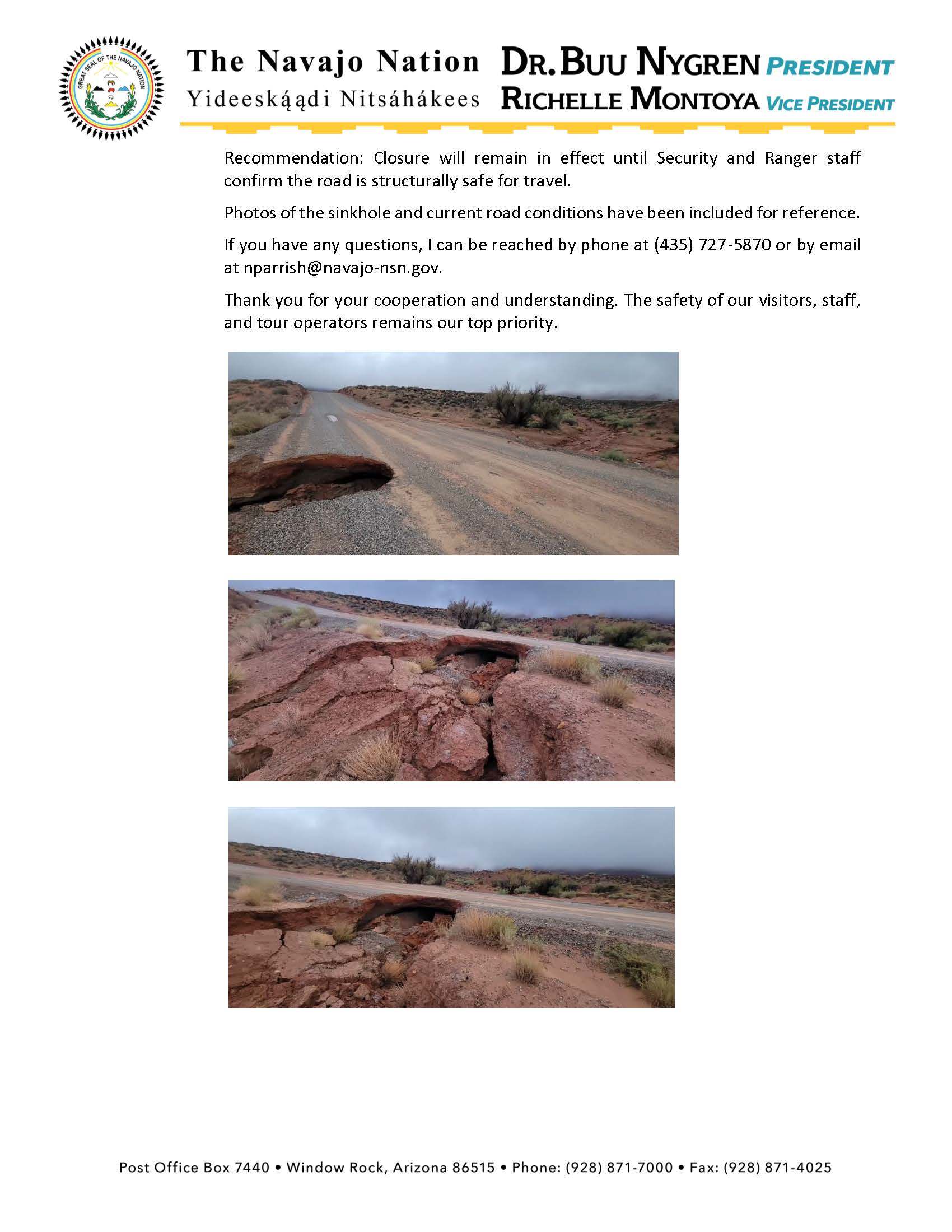 Notice from Navajo Nation with road sinkhole photos and contact info.