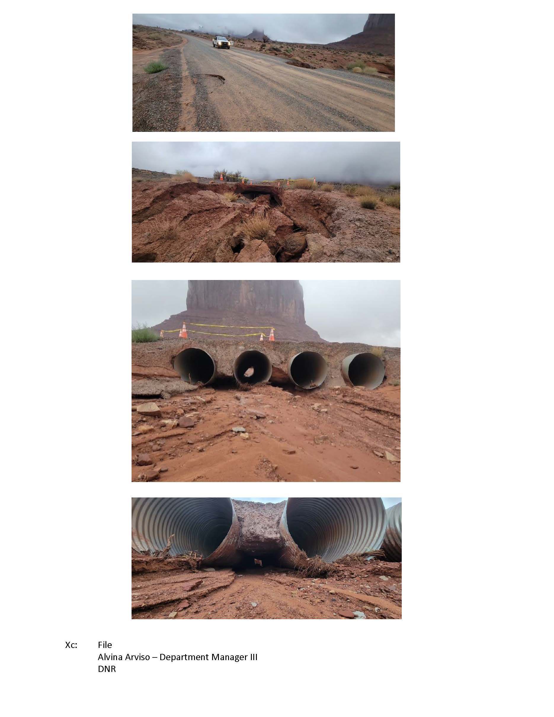 Four images of desert road damage and large culverts on a foggy day.