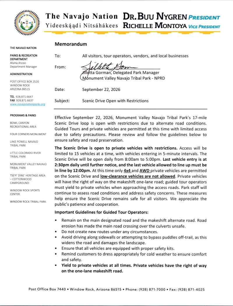 Memorandum about restrictions on scenic drive access at Monument Valley Navajo Tribal Park.