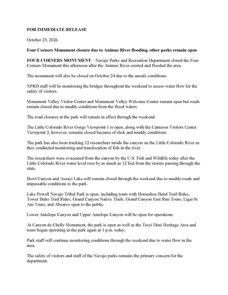 Press release about Four Corners Monument closure due to Animas River flooding.