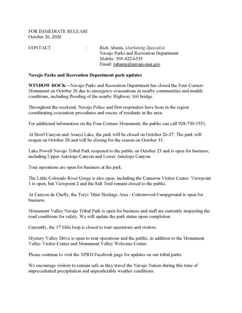 Press release about Navajo parks reopening after closures due to flooding, dated October 26, 2026.