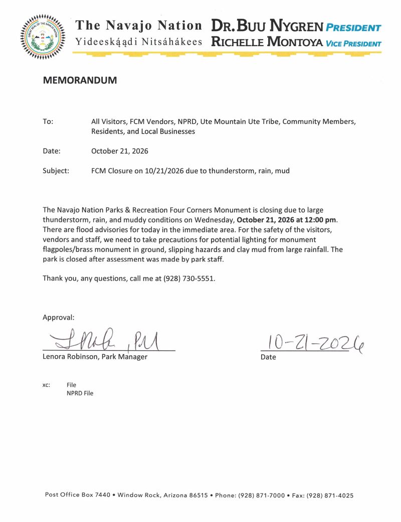 Memo from Navajo Nation about FCM closure due to thunderstorm on 21/10/2026, signed by Park Manager.